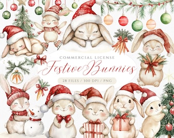 Christmas Bunny Clipart: Festive Holiday Bunnies PNG, Rabbit