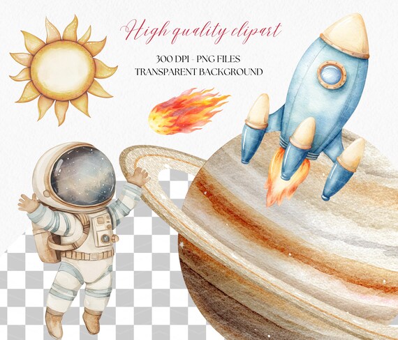 水彩画の宇宙クリップアート集：宇宙飛行士、惑星、ロケット（PNG
