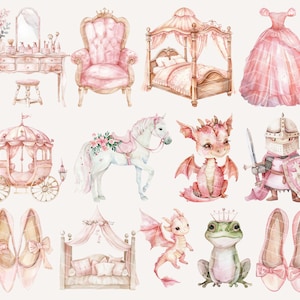 May include: Watercolor illustrations of a princess's bedroom, including a canopy bed, a vanity with a mirror, a chair, a carriage, a unicorn, a dragon, a knight, a frog, and a pair of pink ballet shoes.