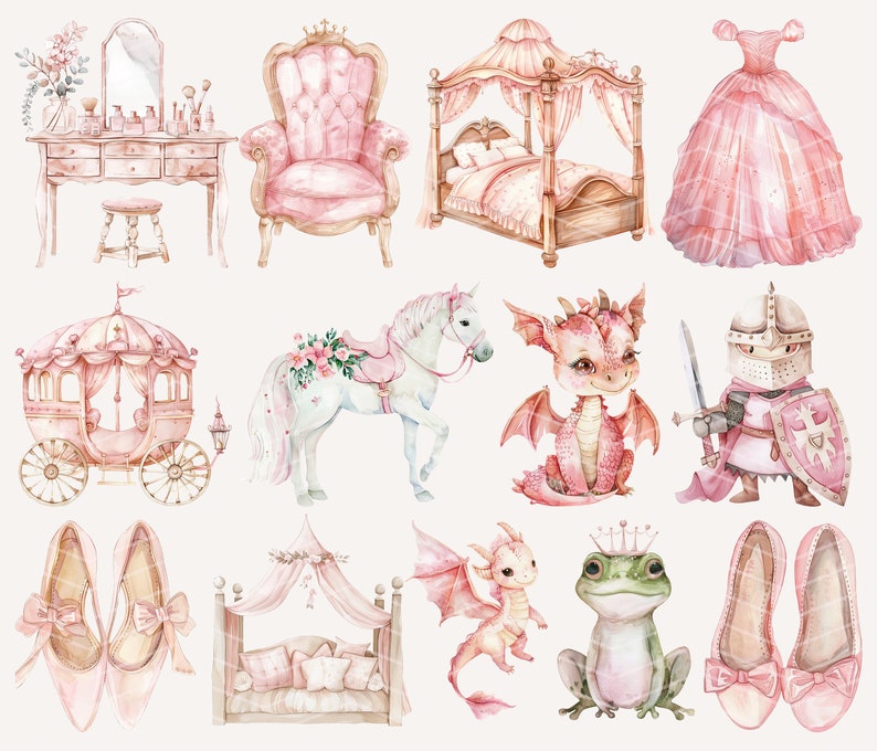 May include: Watercolor illustrations of a princess's bedroom, including a canopy bed, a vanity with a mirror, a chair, a carriage, a unicorn, a dragon, a knight, a frog, and a pair of pink ballet shoes.