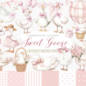 Puede incluir: Ilustraci&oacute;n en acuarela con adorables gansos blancos con lazos, sombreros y accesorios rosas. Algunos gansos sostienen globos, flores y regalos. La frase "Sweet Goose" est&aacute; escrita en cursiva, junto con "Commercial License".