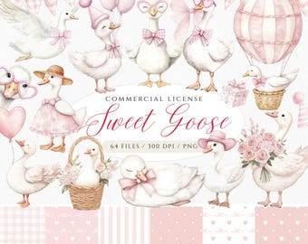 Pink Coquette Silly Goose Clipart, Watercolor Goose Baby Shower, Valentines Day PNG