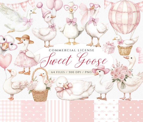 Pink Coquette Silly Goose Clipart, Watercolor Goose Baby Shower, Valentines Day PNG