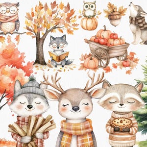 May include: Watercolour illustrations of woodland creatures in autumnal scenes. Features an owl, wolf, fox, deer, and raccoon, with pumpkins, leaves, and a tree. The animals are wearing scarves and hats.