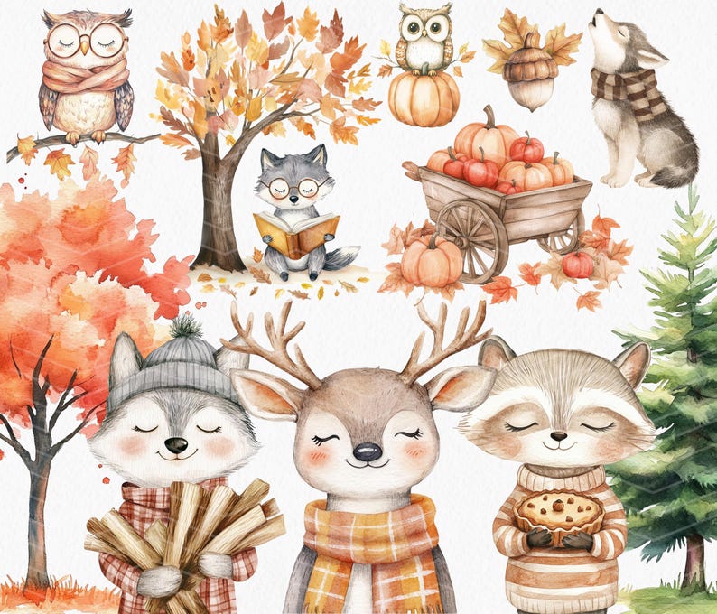 May include: Watercolour illustrations of woodland creatures in autumnal scenes. Features an owl, wolf, fox, deer, and raccoon, with pumpkins, leaves, and a tree. The animals are wearing scarves and hats.