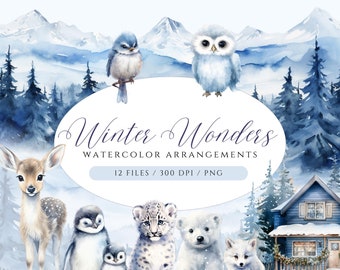 Watercolor Winter Animals Clipart: Arctic Landscape PNG Bundle (Digital Download)