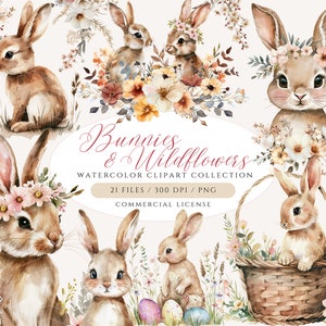 Clipart lapins et fleurs sauvages, Clipart lapin mignon, Pâques Clipart, lapin de Pâques PNG, PNG de fleurs sauvages, clipart printemps, prairie de fleurs sauvages