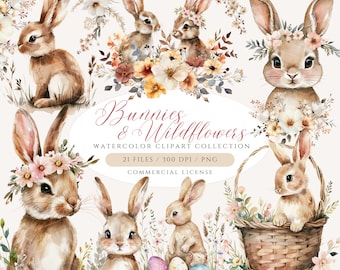 Bunnies and Wildflowers Clipart, Cute Bunny Clipart, Easter Clipart, Easter Bunny PNG, Wildflower PNG, Spring Clipart, Wildflower Meadow