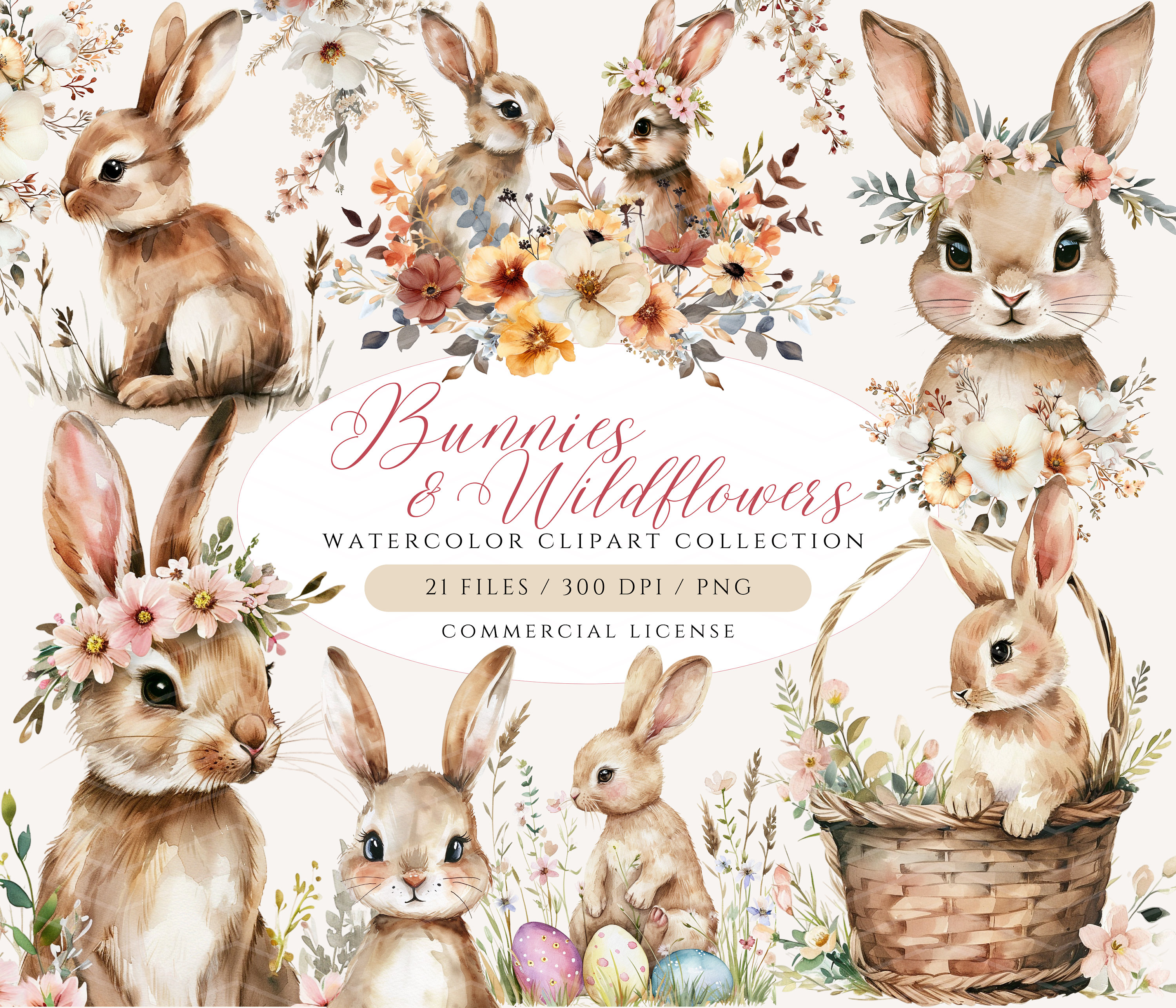 Bunny & Wildflower Clipart Set, Easter Spring PNG, Boho Floral Bouquet ...
