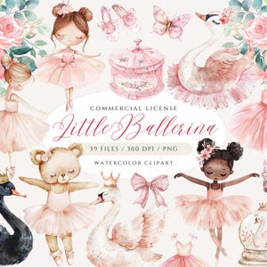 Clipart ballerina ad acquerello, piccola ballerina, clipart Lago dei cigni, ballerina rosa PNG, clipart balletto fiori rosa polverosi, ballerina Teddy