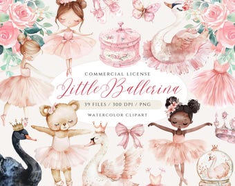 Watercolor Ballerina Clipart: Swan Lake, Pink Flowers (PNG Digital Download)