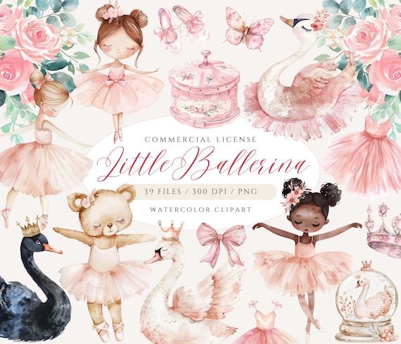 Watercolor Ballerina Clipart: Swan Lake, Pink Flowers (PNG Digital Download)