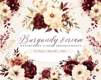 Watercolor Burgundy Floral Clipart: Cream Flower Bouquets (PNG, Commercial Use)