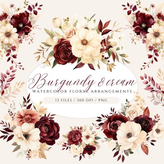 Watercolor Burgundy Floral Clipart, Cream Flowers Clipart, Boho Floral  Clipart, Burgundy and Cream Flowers PNG, Free Commercial Use, Bouquet 