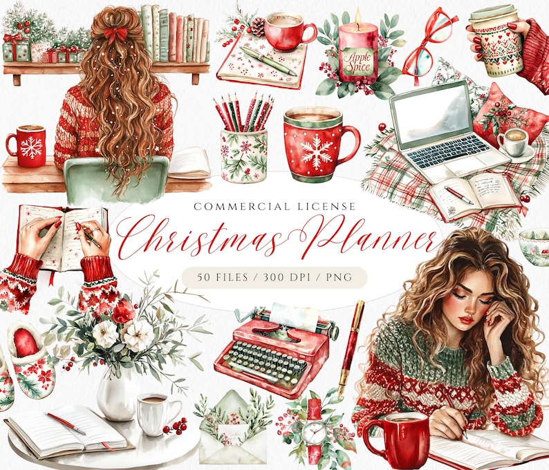 Pode incluir: Um conjunto de 50 ilustra&ccedil;&otilde;es de aquarela com um tema de planejador de Natal. As ilustra&ccedil;&otilde;es incluem uma mulher escrevendo em um di&aacute;rio, uma m&aacute;quina de escrever, uma caneca de chocolate quente, uma vela, um laptop e um buqu&ecirc; de flores. As ilustra&ccedil;&otilde;es s&atilde;o perfeitas para criar planejadores, di&aacute;rios e outros projetos criativos.