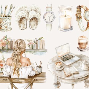 Op de afbeelding: Een aquarel-illustratie van een knusse thuiskantoorsc&egrave;ne met een vrouw die aan een bureau zit, een laptop op een tafel, een kopje koffie, een boek en andere decoratieve elementen.