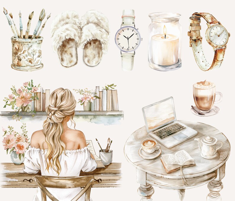 Op de afbeelding: Een aquarel-illustratie van een knusse thuiskantoorsc&egrave;ne met een vrouw die aan een bureau zit, een laptop op een tafel, een kopje koffie, een boek en andere decoratieve elementen.