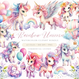 63 lindo unicornio clipart, uso comercial acuarela unicornio PNG, unicornio bebé, unicornio arco iris, unicornio kawaii, imágenes prediseñadas arco iris, arte de la guardería