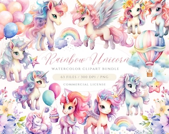 Watercolor Unicorn Clipart: Rainbow Nursery Art (PNG Digital Download)