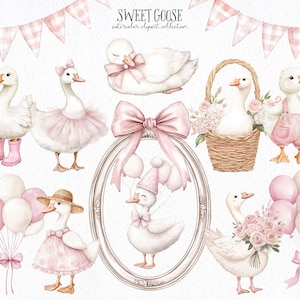 Puede incluir: Colecci&oacute;n de im&aacute;genes predise&ntilde;adas de acuarela con gansos blancos en varias poses. Algunos gansos llevan lazos, tut&uacute;s y sombreros rosas. Otros sostienen globos y flores. La imagen incluye el texto "SWEET GOOSE watercolor clipart collection."