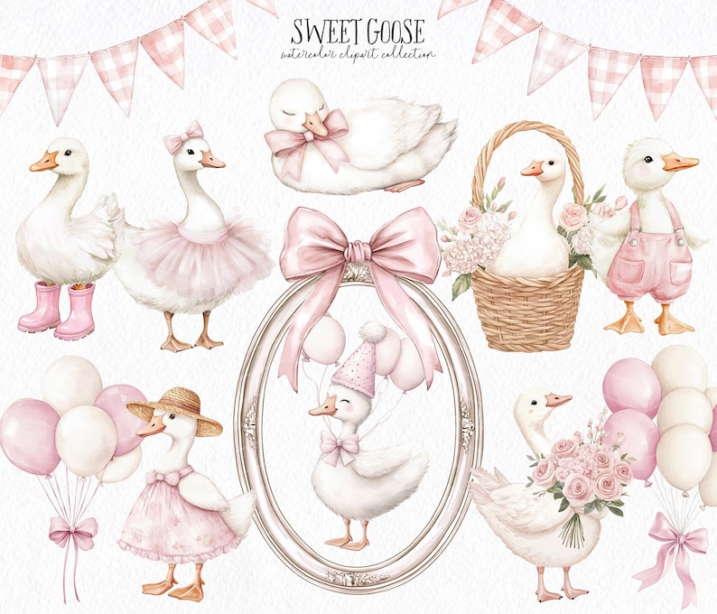 Puede incluir: Colecci&oacute;n de im&aacute;genes predise&ntilde;adas de acuarela con gansos blancos en varias poses. Algunos gansos llevan lazos, tut&uacute;s y sombreros rosas. Otros sostienen globos y flores. La imagen incluye el texto "SWEET GOOSE watercolor clipart collection."