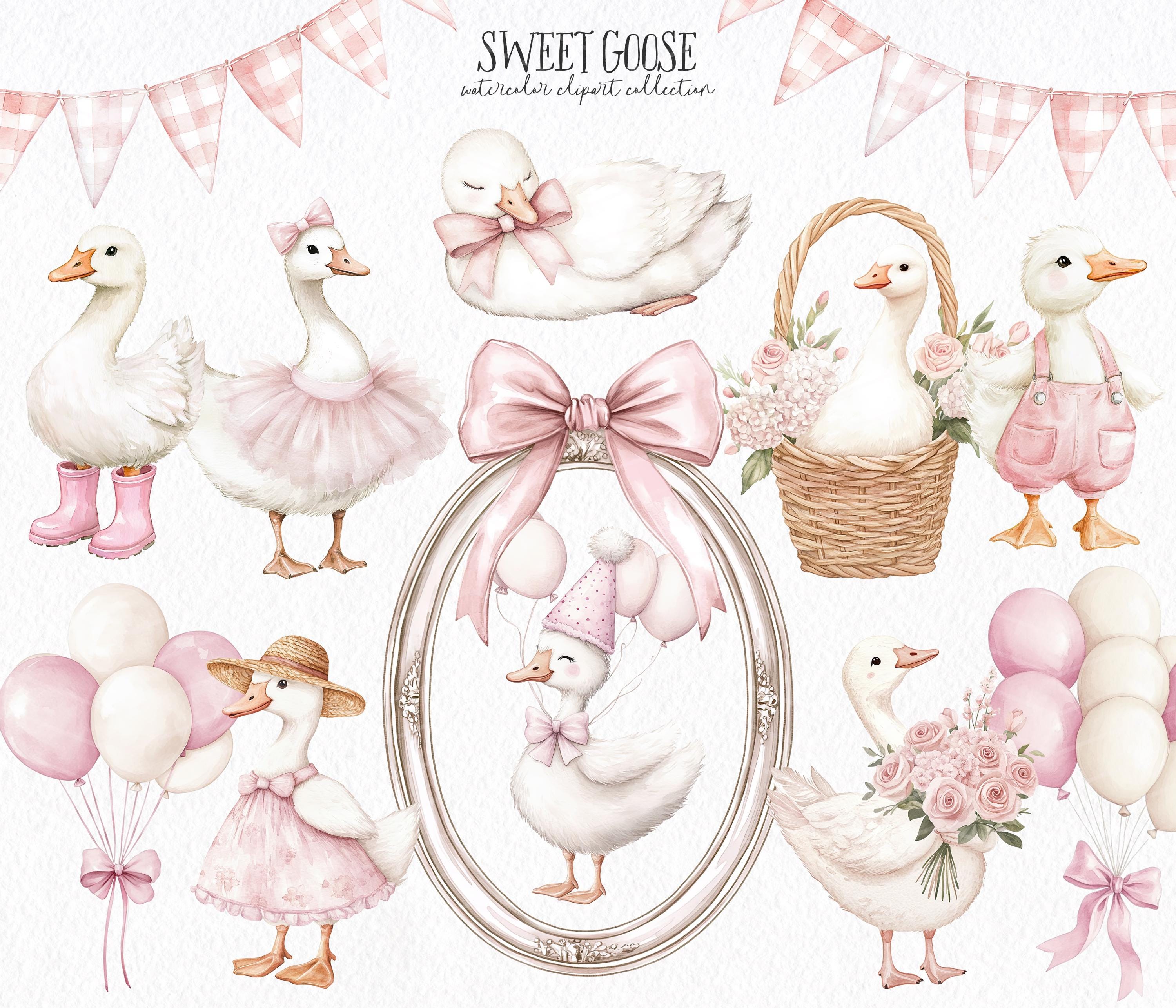 Pink Coquette Silly Goose Clipart, Watercolor Goose Baby Shower ...