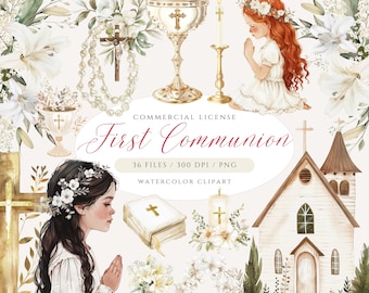 Boho First Communion Clipart: Floral Cross, Church (PNG Digital Download)