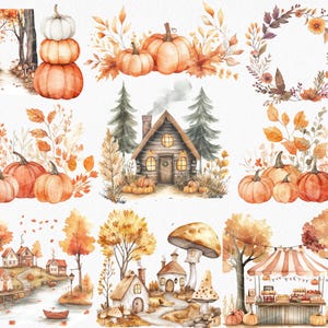 May include: A collection of watercolour illustrations depicting autumn scenes. The image includes pumpkins, autumnal leaves, a cosy cabin, and a market stall. The colour scheme features orange, brown, and yellow, creating a warm atmosphere. Perfect for autumn-themed projects.