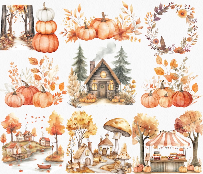 May include: A collection of watercolour illustrations depicting autumn scenes. The image includes pumpkins, autumnal leaves, a cosy cabin, and a market stall. The colour scheme features orange, brown, and yellow, creating a warm atmosphere. Perfect for autumn-themed projects.