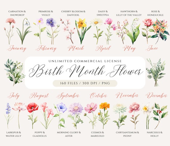 Watercolor Birth Month Flower Clipart Bundle: DIY Floral PNG (Digital Download)
