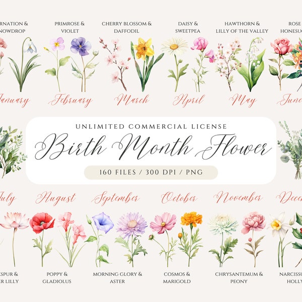 Clipart fleur pour le mois de naissance, PNG fleur de naissance, bouquet de fleurs pour le mois de naissance, cadeau fête des mères, aquarelle de fleurs pour le mois de naissance, clipart floral