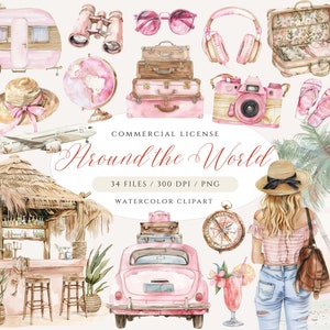 Clipart de viagem feminino, clipart de viagem rosa, clipart de menina viajante em aquarela, PNG de viagem feminina, clipart de verão, clipart de viagem chique