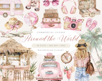 Clipart voyage girly : thème aquarelle rose de l&#39;été (téléchargement numérique PNG)