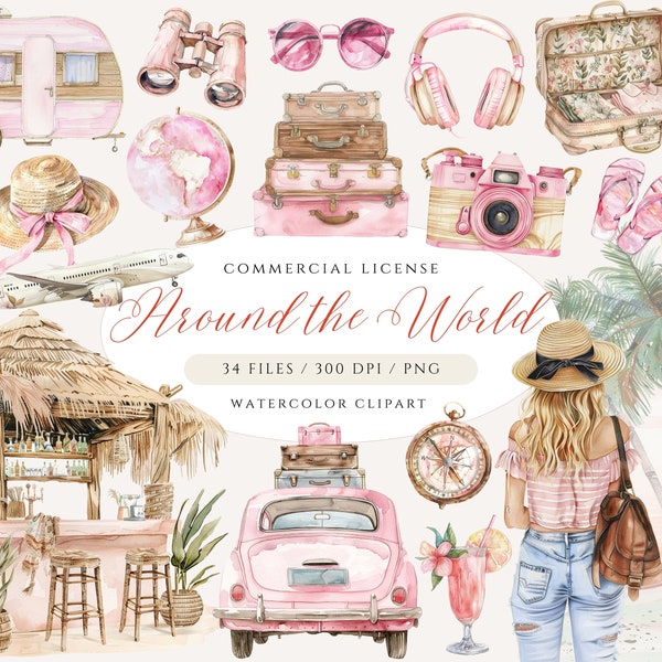 Girly Travel Clipart, Pink Travel Clipart, Watercolor Traveller Girl Clipart, Feminine Travel PNG, Summer Clipart, Chic Travel Clipart