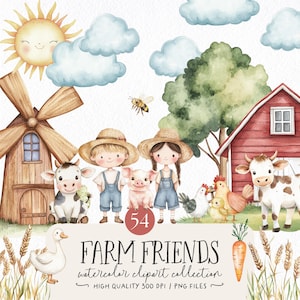 May include: Watercolor illustration of a farm scene with a smiling sun, windmill, barn, and various farm animals. Two children in overalls and straw hats stand with a pig. The text reads "Farm Friends watercolor clipart collection."