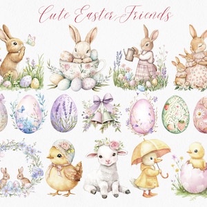 May include: Cute Easter friends watercolor clipart set featuring bunnies, chicks, a lamb, and ducklings. The set includes floral eggs, wreaths, and other Easter decorations.