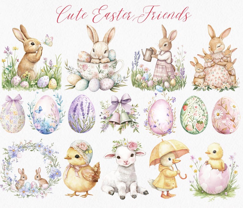May include: Cute Easter friends watercolor clipart set featuring bunnies, chicks, a lamb, and ducklings. The set includes floral eggs, wreaths, and other Easter decorations.