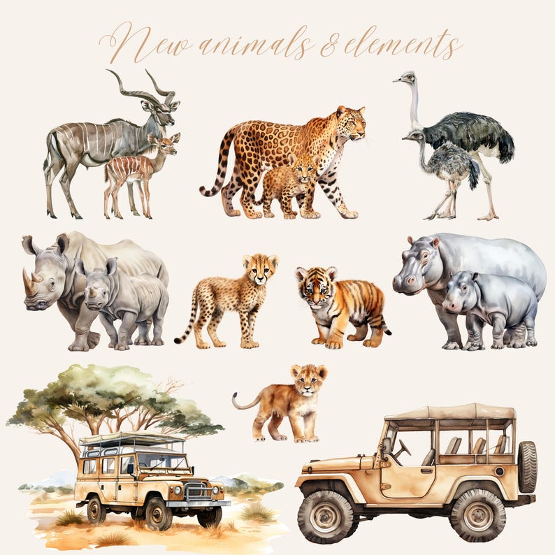 May include: Watercolor illustration of various animals and elements, including a cheetah, a rhino, a lion, a tiger, a hippopotamus, an ostrich, a jeep, and a safari vehicle. The illustration is in a light brown color scheme and features a variety of animals and objects.