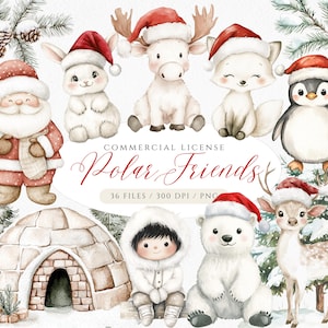 Clipart acquerello di amici polari, PNG di animali artici, Clipart di bambini di Natale, Paese delle meraviglie invernale, Clipart di Natale, Animali invernali festosi