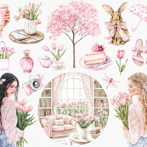 May include: A watercolor illustration set featuring a pink floral theme. The set includes a pink floral bouquet, a pink floral tree, a pink floral umbrella, a pink floral cake, a pink floral teapot, a pink floral cup, a pink floral camera, a pink floral window scene, a pink floral bouquet held by a woman, a pink floral bouquet held by a woman, a pink floral rabbit, and a pink floral dragonfly.