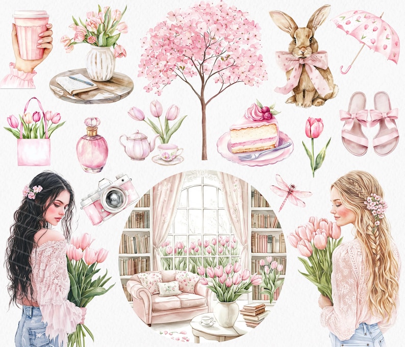 May include: A watercolor illustration set featuring a pink floral theme. The set includes a pink floral bouquet, a pink floral tree, a pink floral umbrella, a pink floral cake, a pink floral teapot, a pink floral cup, a pink floral camera, a pink floral window scene, a pink floral bouquet held by a woman, a pink floral bouquet held by a woman, a pink floral rabbit, and a pink floral dragonfly.