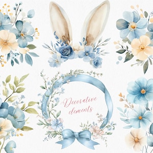 Pu&ograve; includere: Illustrazioni ad acquerello di fiori blu e bianchi, una ghirlanda con un nastro blu e un paio di orecchie di coniglio. La ghirlanda ha il testo "Elementi decorativi" al centro.