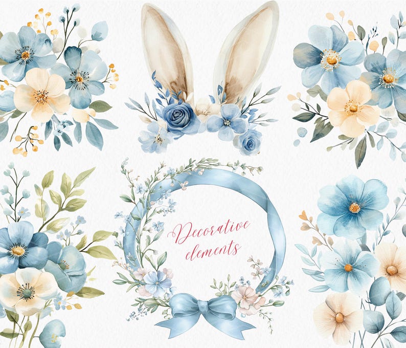 Pu&ograve; includere: Illustrazioni ad acquerello di fiori blu e bianchi, una ghirlanda con un nastro blu e un paio di orecchie di coniglio. La ghirlanda ha il testo "Elementi decorativi" al centro.