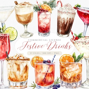 Festlicher Cocktail Clipart, Weihnachtsgetränke PNG, Heißer Kakao Clipart, Winter Getränke, Kaffee Clipart, Aquarell Cocktails