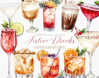 Watercolor Christmas Cocktail Clipart: Festive Holiday Drinks (PNG Digital Download)