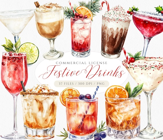 Watercolor Christmas Cocktail Clipart: Festive Holiday Drinks (PNG Digital Download)