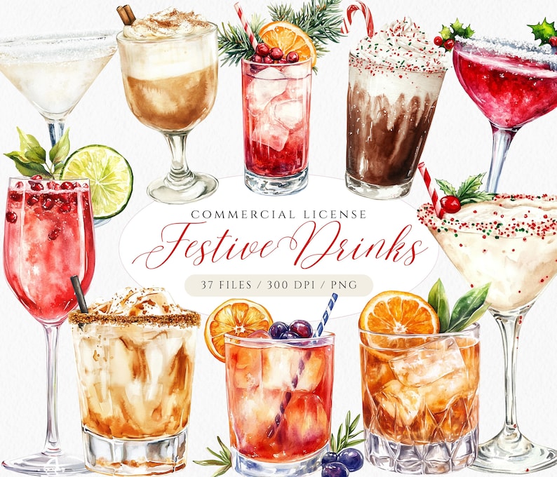 K&ouml;nnte beinhalten: Ein Set mit 37 Aquarell-Illustrationen von festlichen Getr&auml;nken, darunter Cocktails, Mocktails und Hei&szlig;getr&auml;nke. Die Getr&auml;nke sind mit weihnachtlichen Elementen wie Zuckerstangen, Preiselbeeren und Zimtstangen verziert. Die Illustrationen eignen sich perfekt zum Erstellen von Designs, Einladungen und Karten zum Thema Weihnachten.