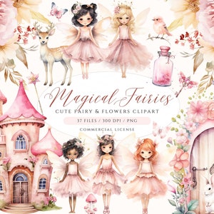 ピンクの妖精のクリップアート、水彩の妖精の庭のクリップアート、魔法の妖精とピンクの花のクリップアート、キノコ PNG、妖精 PNG、ファンタジー クリップアート PNG
