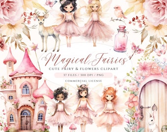 May include: A set of 37 watercolor illustrations featuring fairies, flowers, a castle, a deer, a bird, a key, a bottle, a mushroom, and a rabbit. The illustrations are in shades of pink, white, and green.