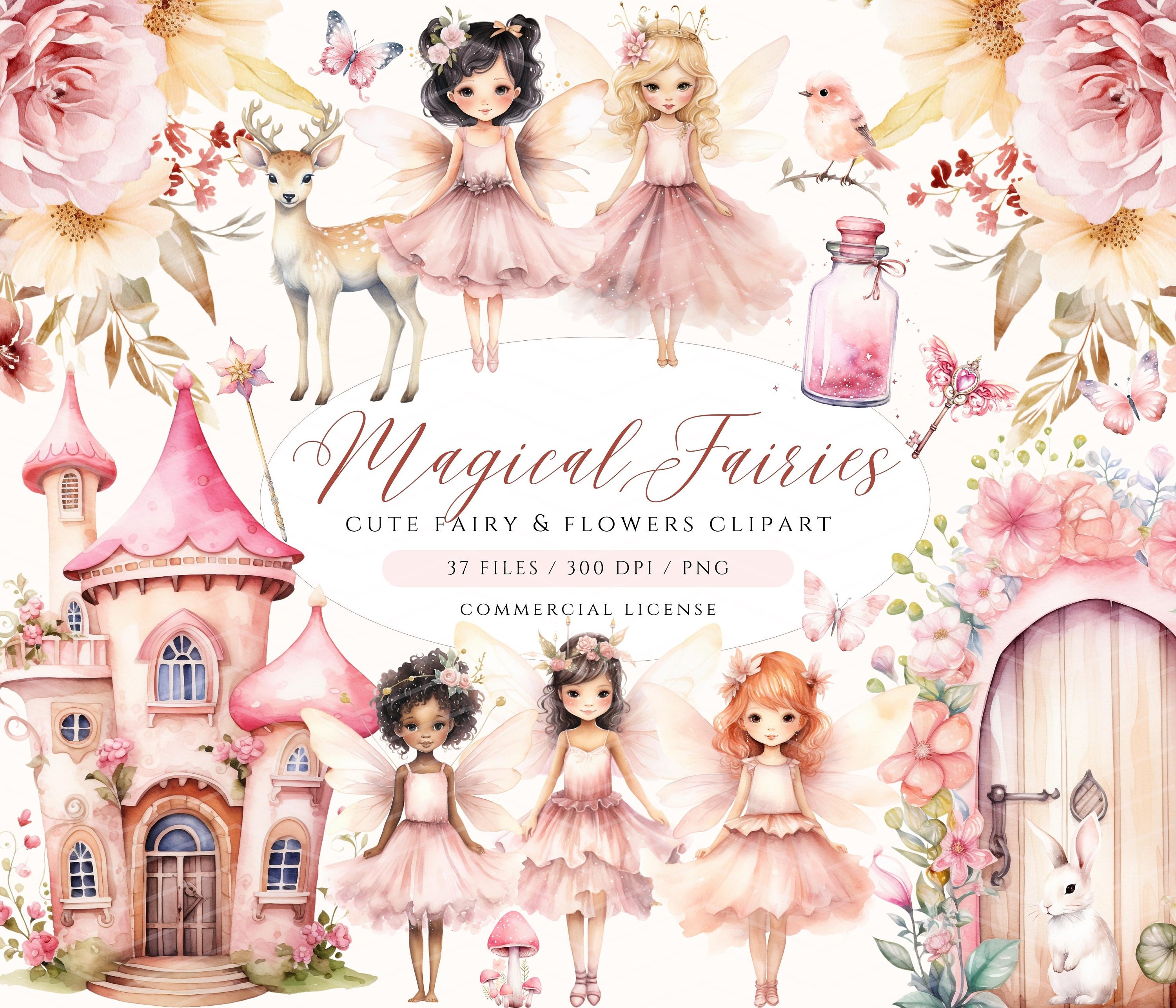 Watercolor Pink Fairy Clipart: Magical Garden PNG (300 DPI) - Etsy